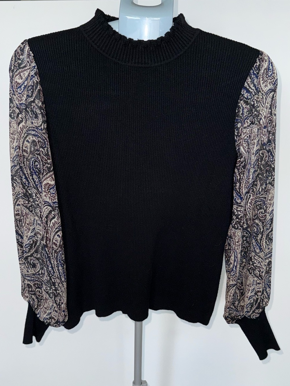 Sioni Milano Black Paisley Print Sleeve Mock Neck Sweater Women's XL